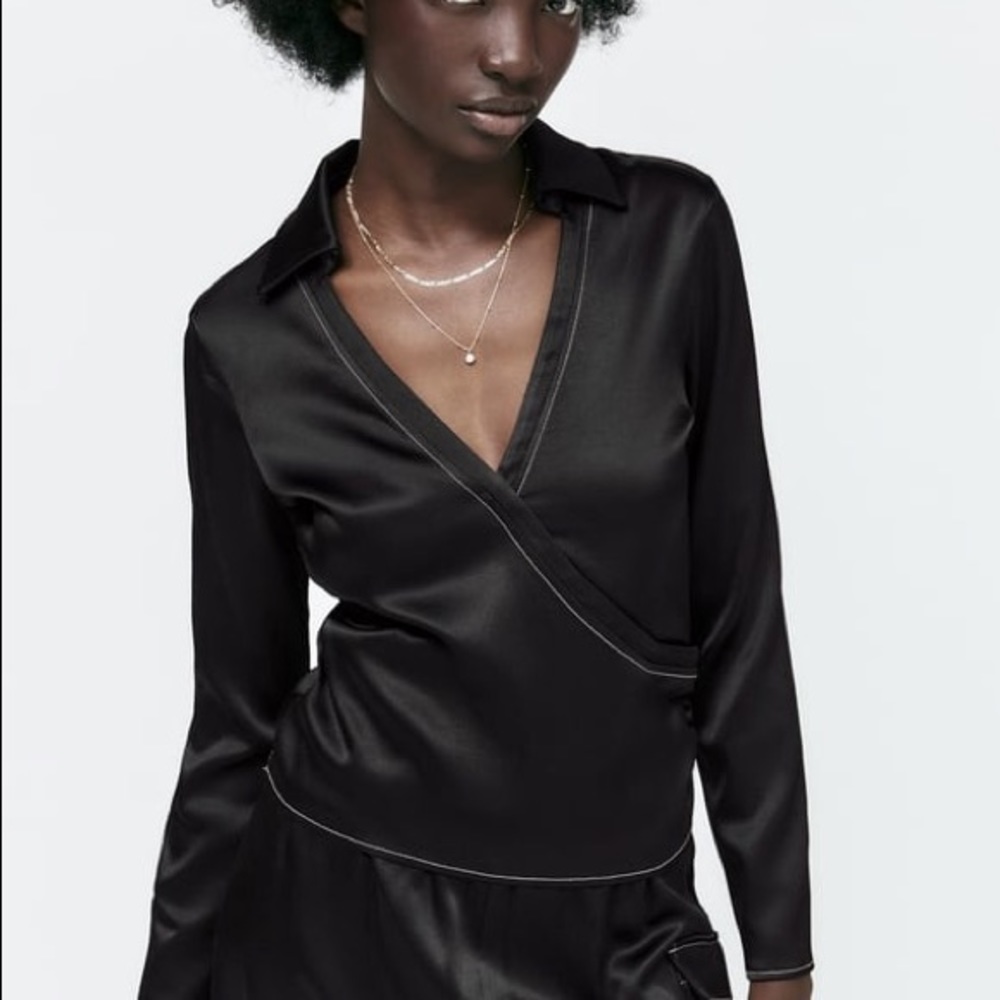 Zara gathered satin top white stitching size small NWT